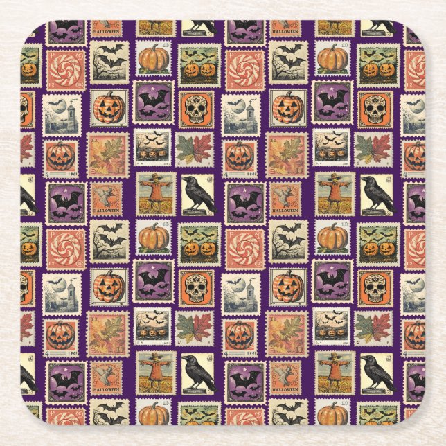 Halloween Postage-Stamp Pattern Pillowcase Square Paper Coaster (Front)