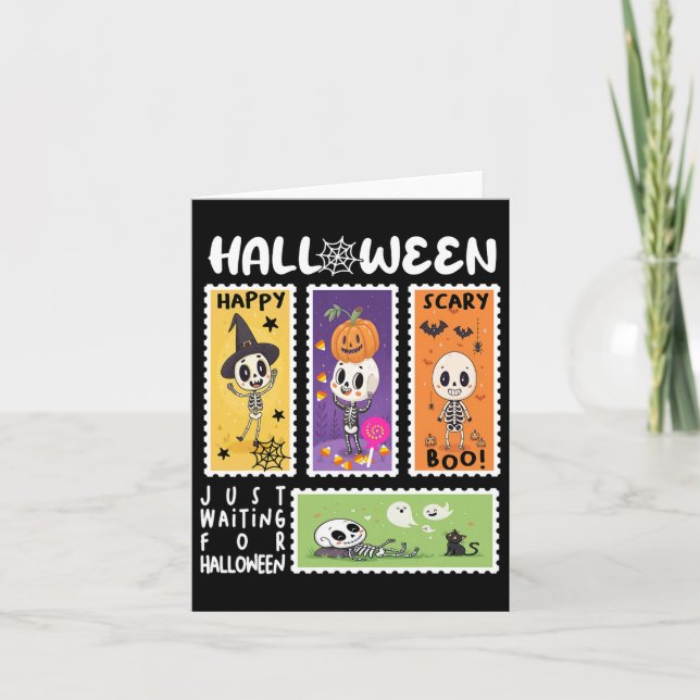 Halloween Postage Stamp Retro Skeleton Halloween K Card (Front)