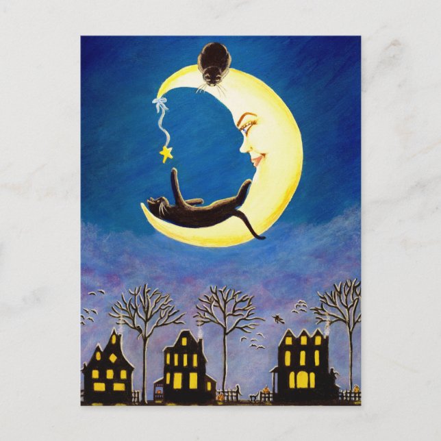 Halloween ,postcard,black,cat,Salem,star,village Postcard (Front)