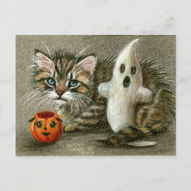 Halloween Postcard Cat Kitten Ghost Pumpkin Art (Front)