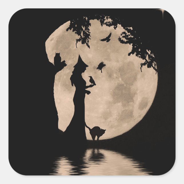 Halloween Pretty Witch and Familiars Cat Owl Raven Square Sticker (Front)