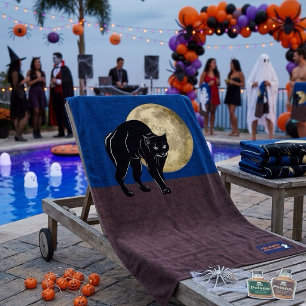 Halloween Prowling Black Cat On A Full Moon Night Beach Towel