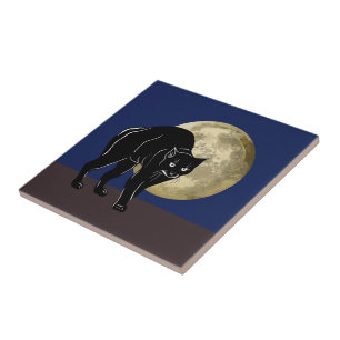 Halloween Prowling Black Cat On A Full Moon Night Ceramic Tile