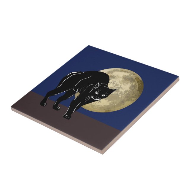 Halloween Prowling Black Cat On A Full Moon Night Ceramic Tile (Side)