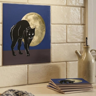 Halloween Prowling Black Cat On A Full Moon Night Ceramic Tile
