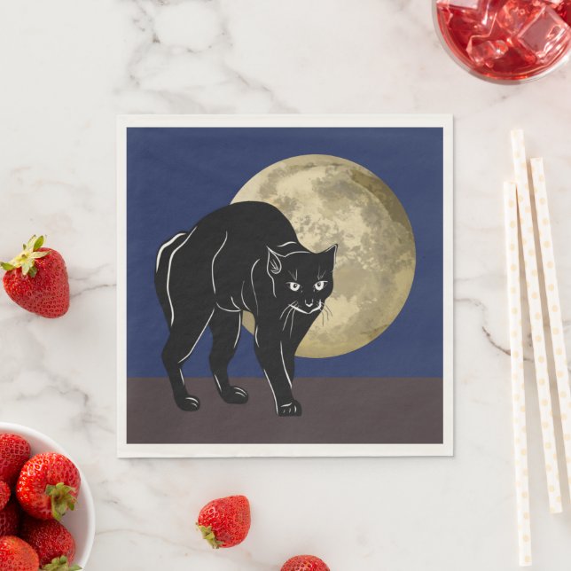 Halloween Prowling Black Cat On A Full Moon Night Napkin (Insitu)