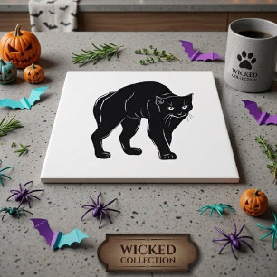 Halloween Prowling Black Cat Silhouette Drawing Ceramic Tile