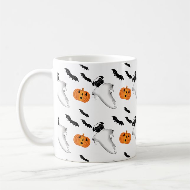 Halloween Pug Ghost Cute Pumpkin and Bats Pattern Coffee Mug (Left)