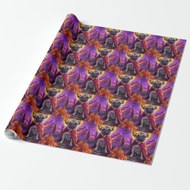 Halloween Pug Vampire Pumpkins Scary  Wrapping Paper (Unrolled)