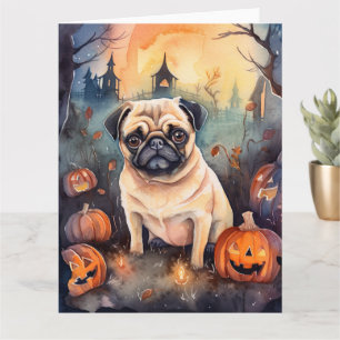 Halloween Pug With Pumpkins Scary Card