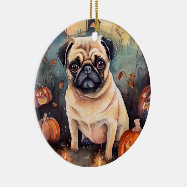 Halloween Pug With Pumpkins Scary Ceramic Ornament (Right)