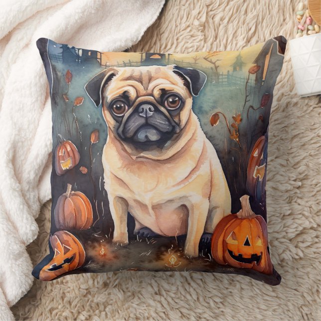 Halloween Pug With Pumpkins Scary Cushion (Blanket)