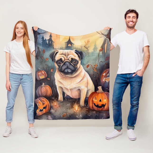 Halloween Pug With Pumpkins Scary Fleece Blanket (In Situ)
