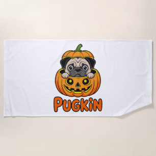 Halloween Pugkin, Pumpkin Pug Dog Beach Towel