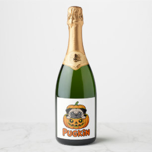 Halloween Pugkin, Pumpkin Pug Dog Sparkling Wine Label