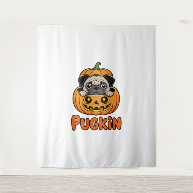 Halloween Pugkin, Pumpkin Pug Dog Tapestry (Front)