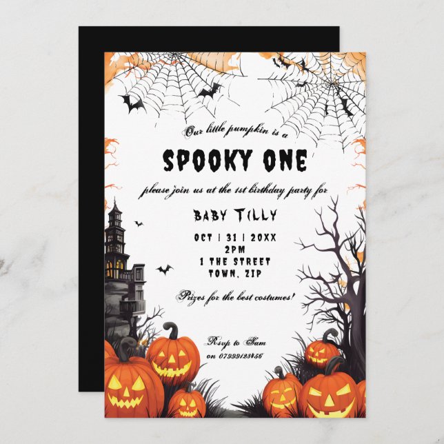 Halloween pumpkin 1st birthday party invitation (Front/Back)