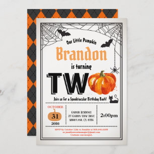 Halloween pumpkin 2nd second birthday party rustic invitation