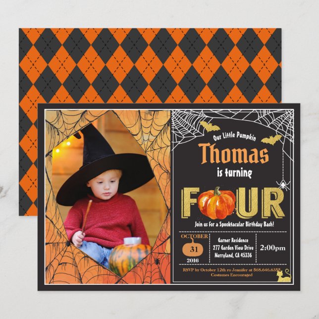 Halloween pumpkin 4th birthday party photo invitation (Front/Back)