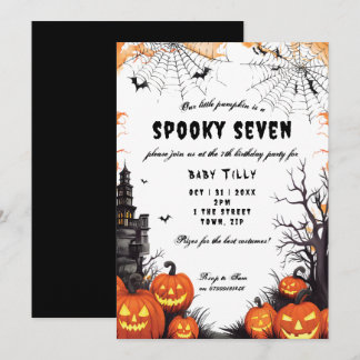Halloween pumpkin 7th birthday party invitation