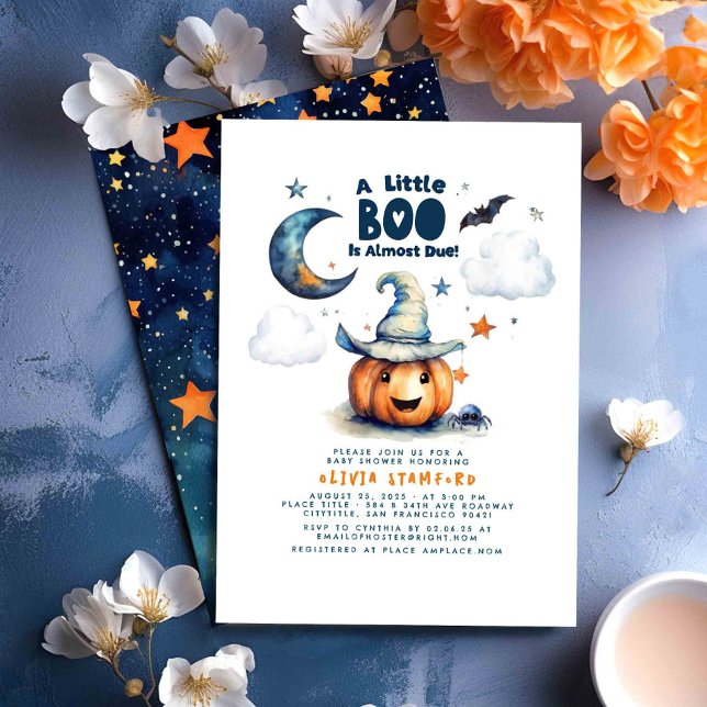 Halloween Pumpkin A Little Boo Boy Baby Shower Invitation (Halloween Baby Shower Invitations Featuring A Little Boo Pumpkin)