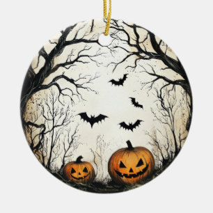 Halloween Pumpkin and Bat  Ceramic Ornament