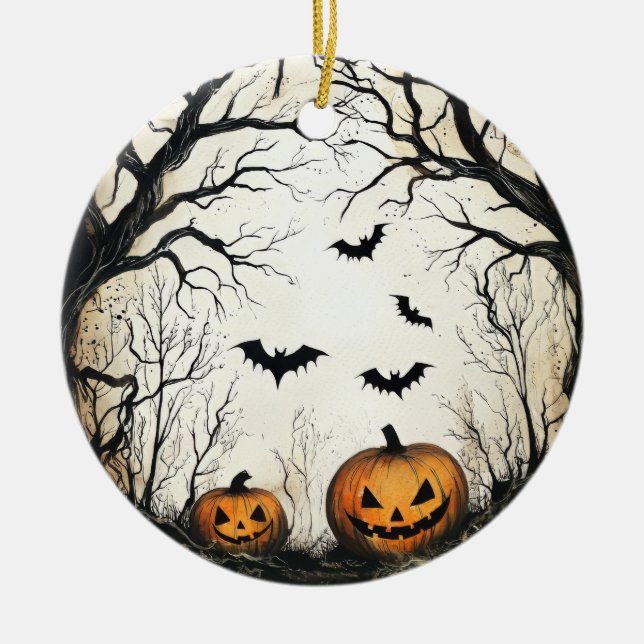 Halloween Pumpkin and Bat  Ceramic Ornament (Front)
