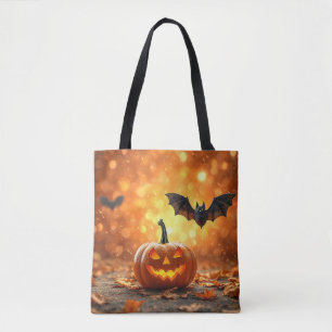 Halloween pumpkin and bat tote bag
