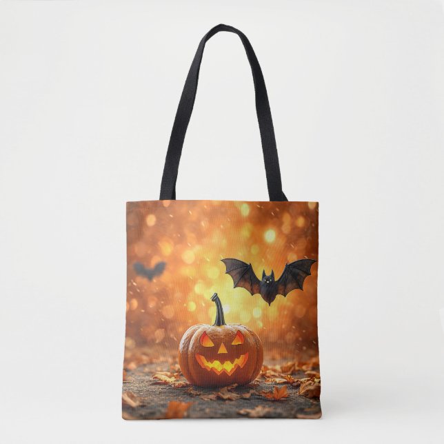 Halloween pumpkin and bat tote bag (Front)