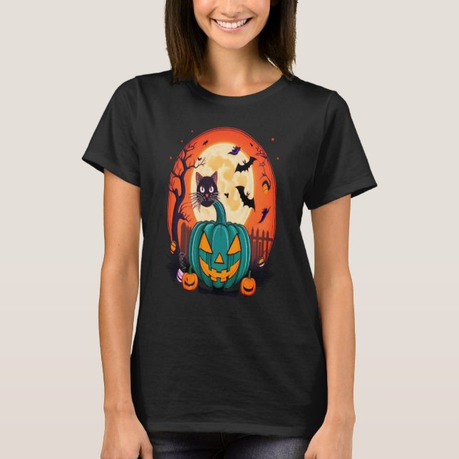 Halloween Pumpkin And Cat Tshirt  (Front)