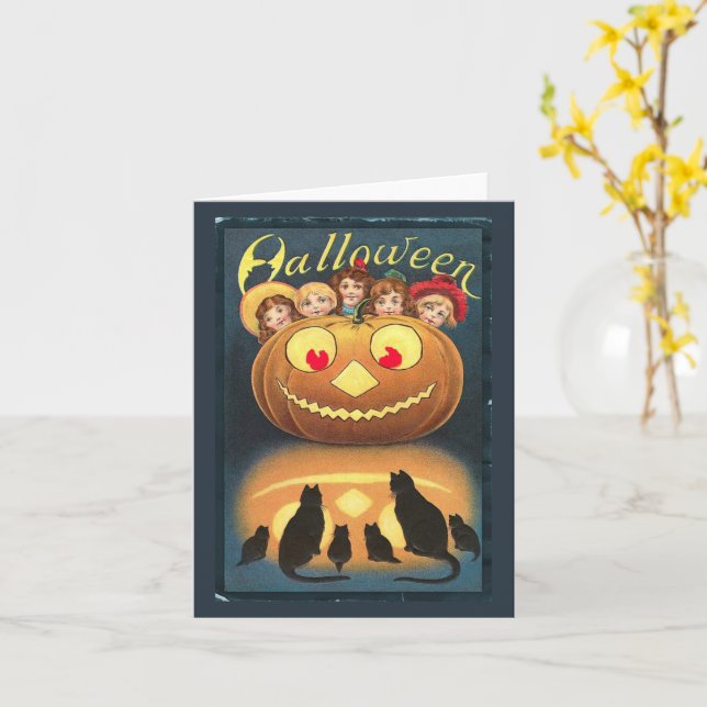Halloween Pumpkin and Girls Vintage Card (Yellow Flower)