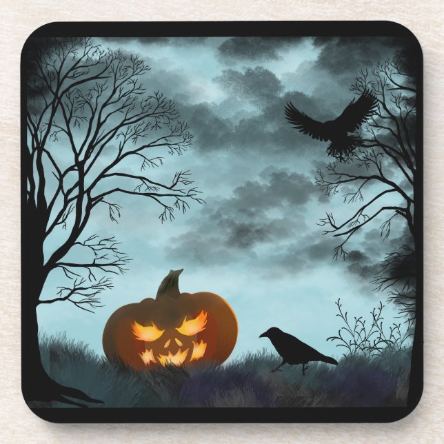 Halloween pumpkin and raven coaster (Front)
