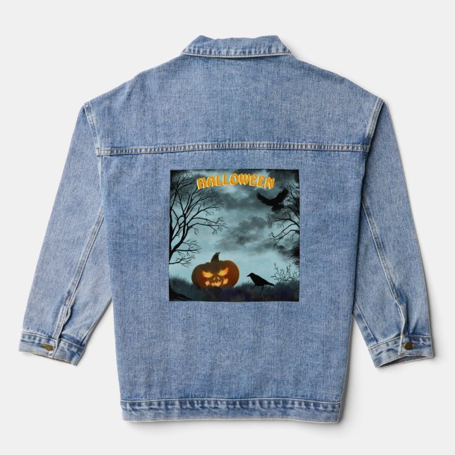 Halloween pumpkin and raven denim jacket (Back)