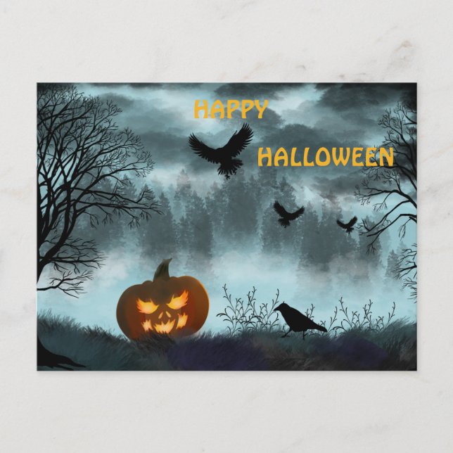 Halloween pumpkin and raven invitation postcard (Front)