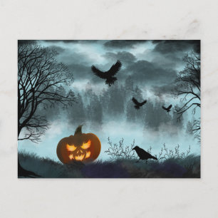 Halloween pumpkin and raven postcard