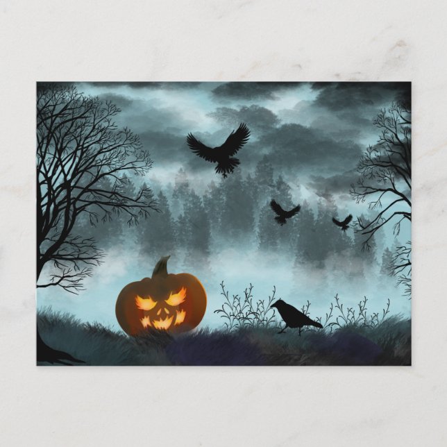 Halloween pumpkin and raven postcard (Front)