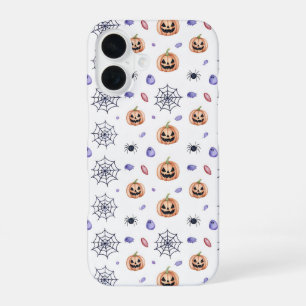 Halloween Pumpkin and Spider Web Pattern iPhone 16 Case