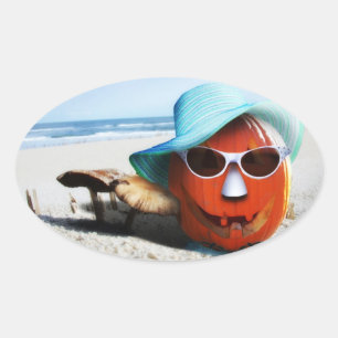 Halloween Pumpkin At The Beach Oval Sticker