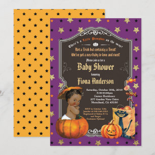 Halloween pumpkin baby boy shower purple gold invitation