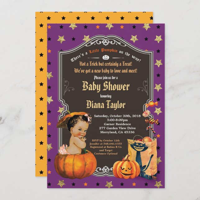 Halloween pumpkin baby girl shower purple gold invitation (Front/Back)