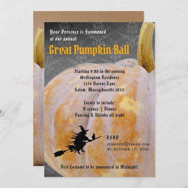 Halloween Pumpkin Ball + Menu Witch Invitation (Front/Back)