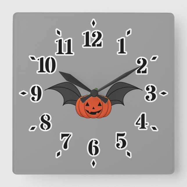 Halloween Pumpkin Bat Square Wall Clock (Front)