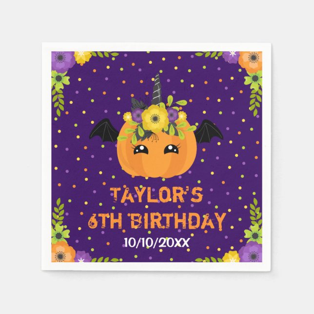 Halloween Pumpkin Birthday Black and Purple Napkin (Front)