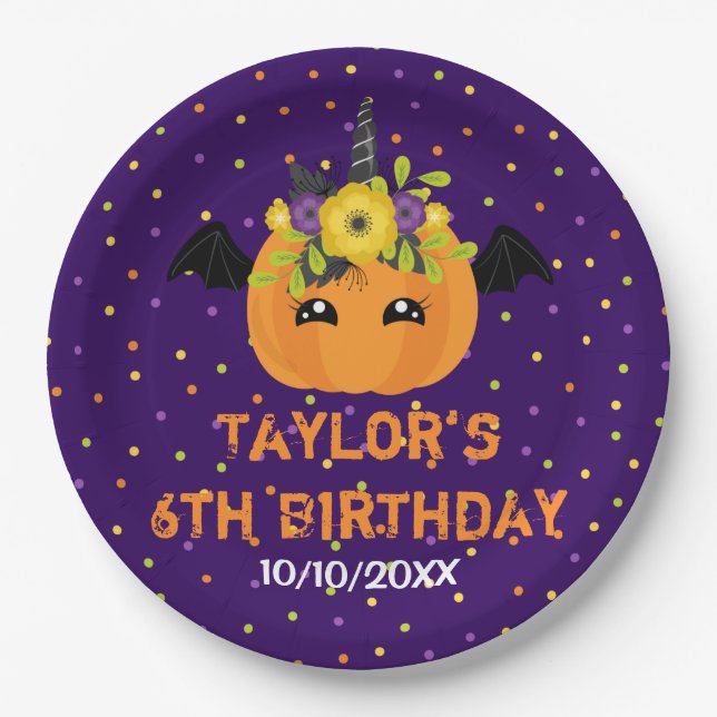 Halloween Pumpkin Birthday Black and Purple Paper  Paper Plate (Front)