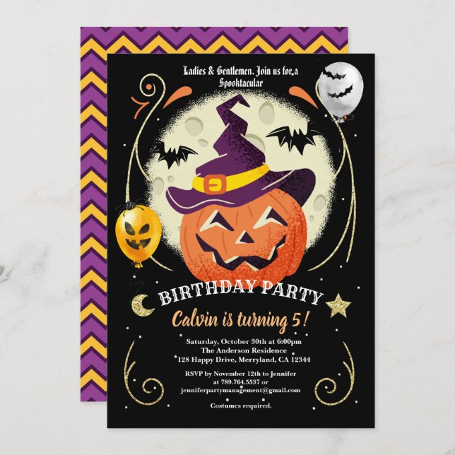 Halloween pumpkin birthday party black orange gold invitation (Front/Back)