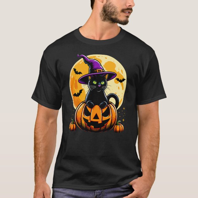 Halloween Pumpkin Black Cat T-Shirt (Front)