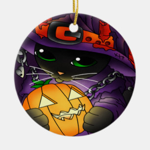 Halloween Pumpkin Black Witch Cat Ceramic Ornament