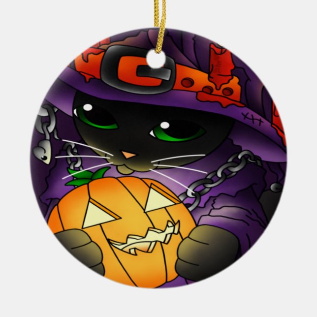 Halloween Pumpkin Black Witch Cat Ceramic Ornament (Front)