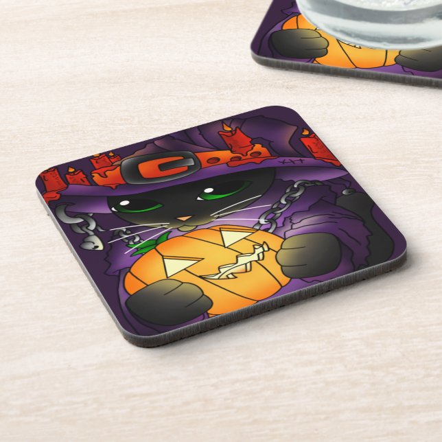 Halloween Pumpkin Black Witch Cat Coaster (Left Side)