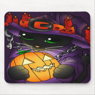 Halloween Pumpkin Black Witch Cat Mouse Pad